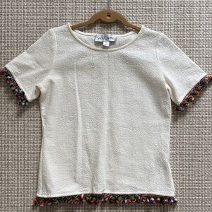 Sara Campbell Ivory Textured Top with Multicolor Pom Pom Size Medium Women’s